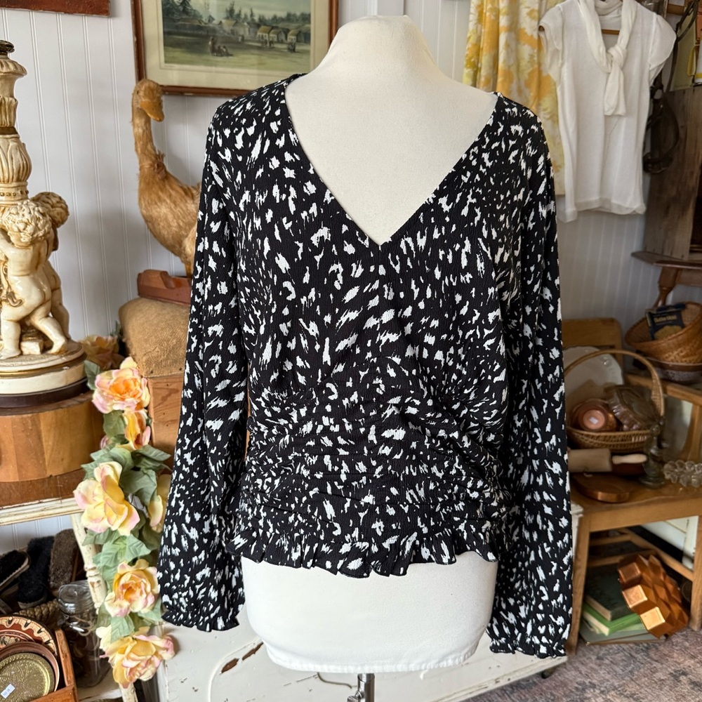 Black & White Printed V-Neck Long-Sleeve Blouse